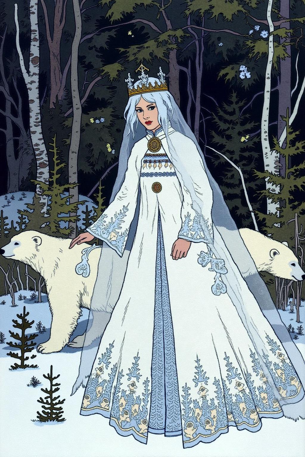ivanbilibin1 illustration. dulac1. A Snow Queen with an ethereal appearance. She is dressed in a flowing, long white gown that seems to shimmer, possibly made of a translucent fabric or lace, giving it a delicate, ethereal quality. Her hair and face are obscured by a delicate, sheer veil that extends to the ground, adding to her otherworldly aura. There are two polar bears walking alonside her.  <lora:ivanbilibin2_cap_d6a3e11:1.0><lora:857361735894455310:0>