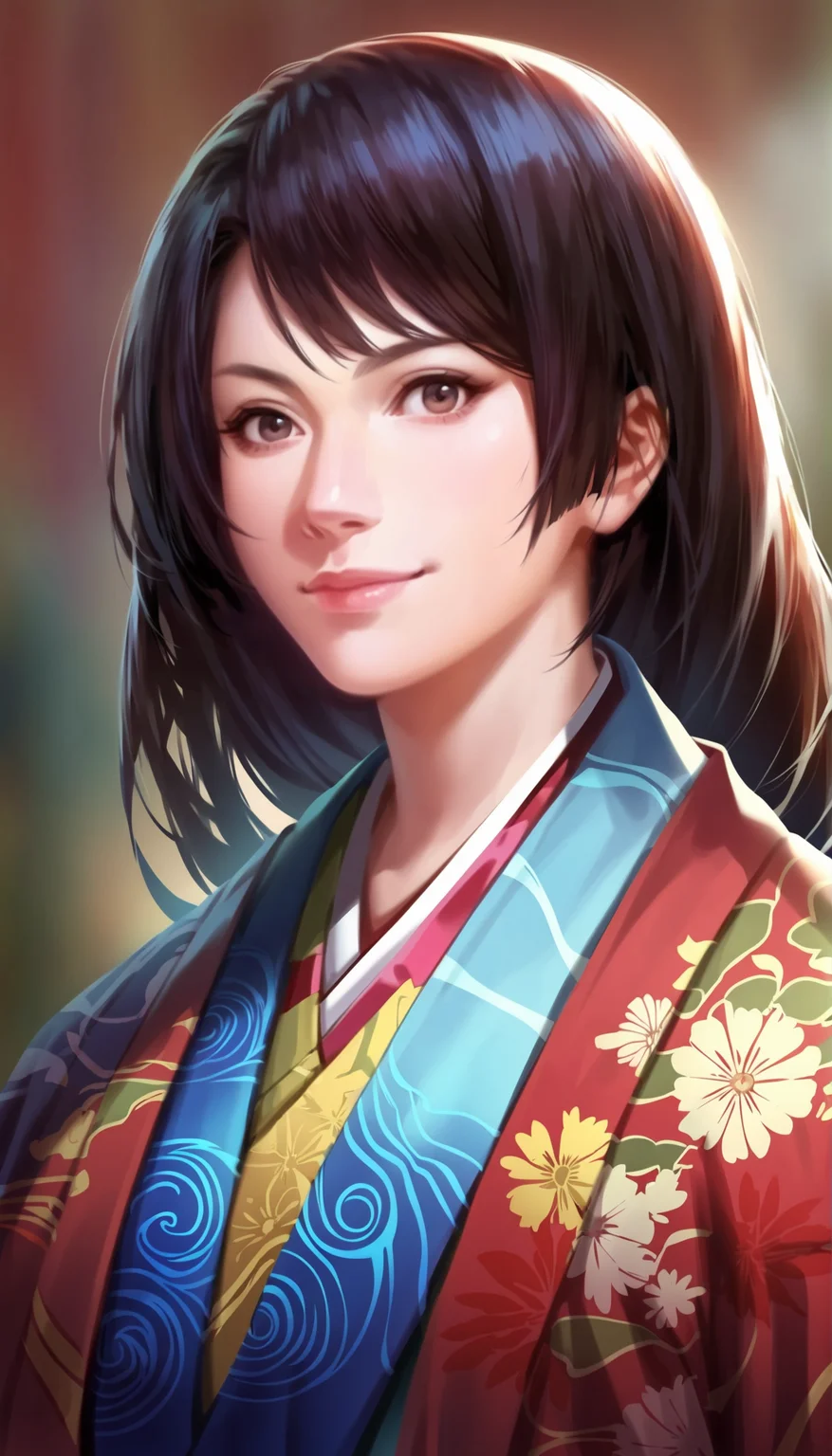 score_9,score_8_up,score_7_up,
highly detailed,highres,<lora:naotoraIi:0.8>,naotora ii,
1girl,solo,black hair,long hair,brown eyes,facing aside,looking at viewer,smile,kimono,layered blue and yellow fabric with red accents,intricate patterns,
portrait,
simple background,blurry background,