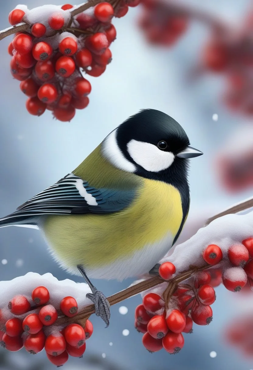 Portrait of a beautiful great tit, a masterpiece, enchanting, friendly, beautiful style, magical lake, winter, frozen rowan berries in tree, insanely detailed, 8K resolution, digital art, vibrant colors, intricate details, soothing pastels, ultra high Resolution, hyper detailed, photorealistic, natural light, very detailed, Style-Moana