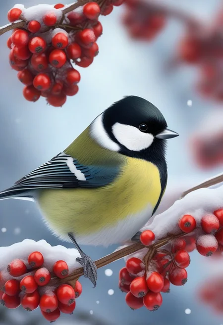 Portrait of a beautiful great tit, a masterpiece, enchanting, friendly, beautiful style, magical lake, winter, frozen rowan berries in tree, insanely detailed, 8K resolution, digital art, vibrant colors, intricate details, soothing pastels, ultra high Resolution, hyper detailed, photorealistic, natural light, very detailed, Style-Moana