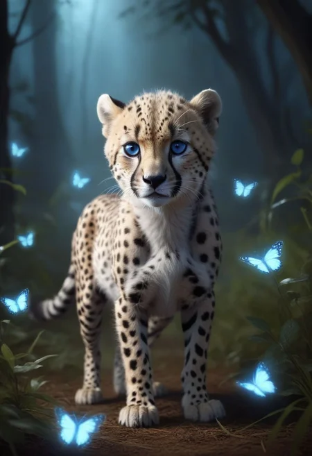 <lora:PonySpiritAnimals:1> Spirit animal, score_9, score_8_up, score_7_up, score_6_up, score_5_up, score_4_up, ethereal ghost baby cheetah, adorable, cartoon character, glowing blue eyes, glowing butterflies, night time fantasy forest, realistic, extremely detailed, no humans