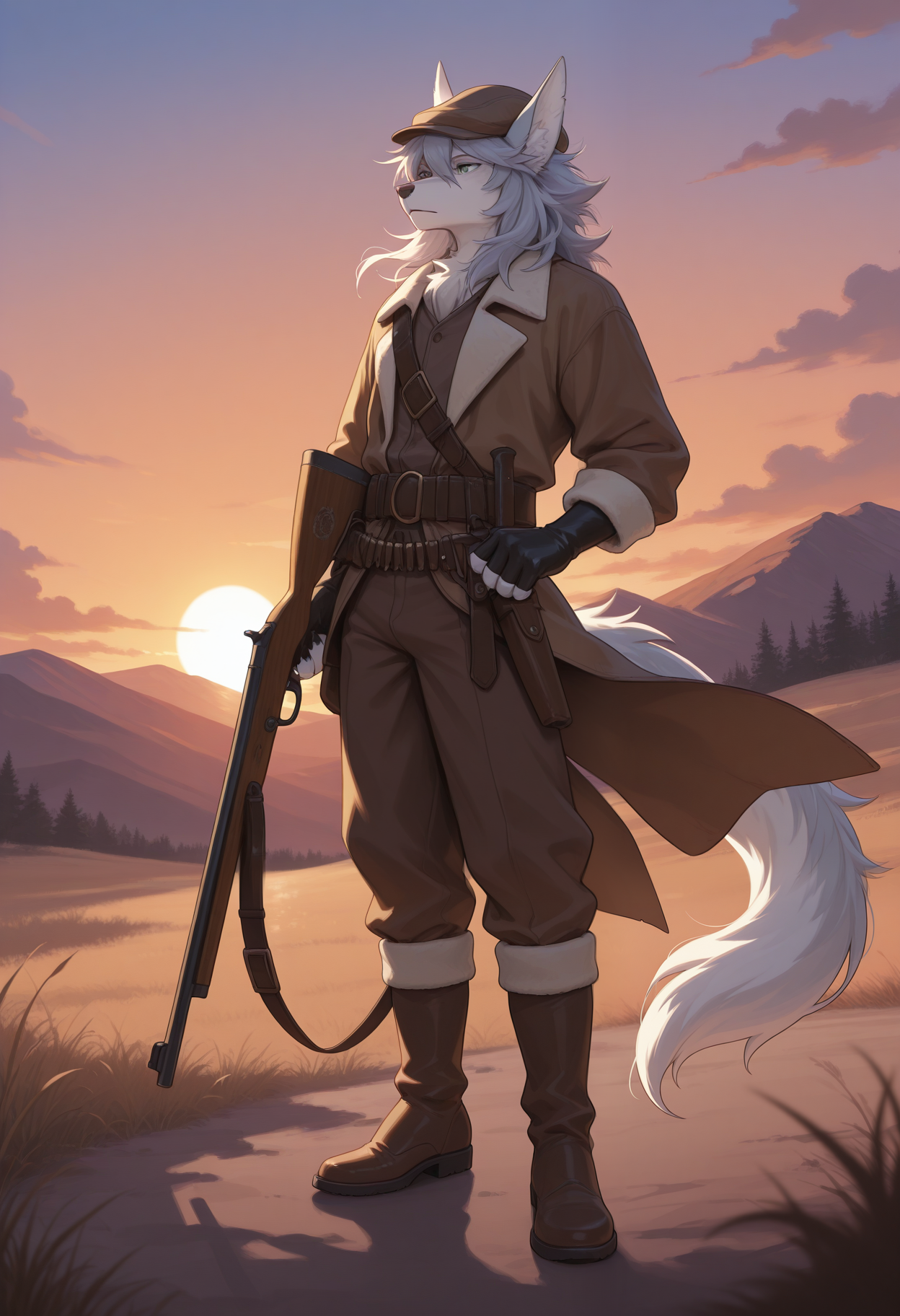 masterpiece,best quality,amazing quality, 1boy, solo, p4tx1, furry, brown hat, brown jacket, boots, collared shirt, black fingerless gloves, rifle, bandolier, tail, blue eyes, brown pants, full body, outdoors, sky, sunset