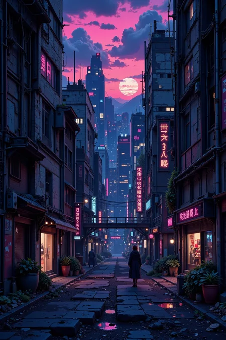 abandoned city beautiful  landscape, evening, woman, very intricate, very detailed, sharp, bright, colorful, <lora:Hand v2:0.5> <lora:Anti-Blur:1><lora:Insane Detail Slider:0.25>  <lora:flux.1_lora_flyway_Epic-detail_v2:0.3> <lora:fluxenhancer:0.25> <lora:Neurocore Anime Cyberpunk v2.0:1> A digital artwork in the style of cknc <lora:abyss-neon:0.6> bo-neon