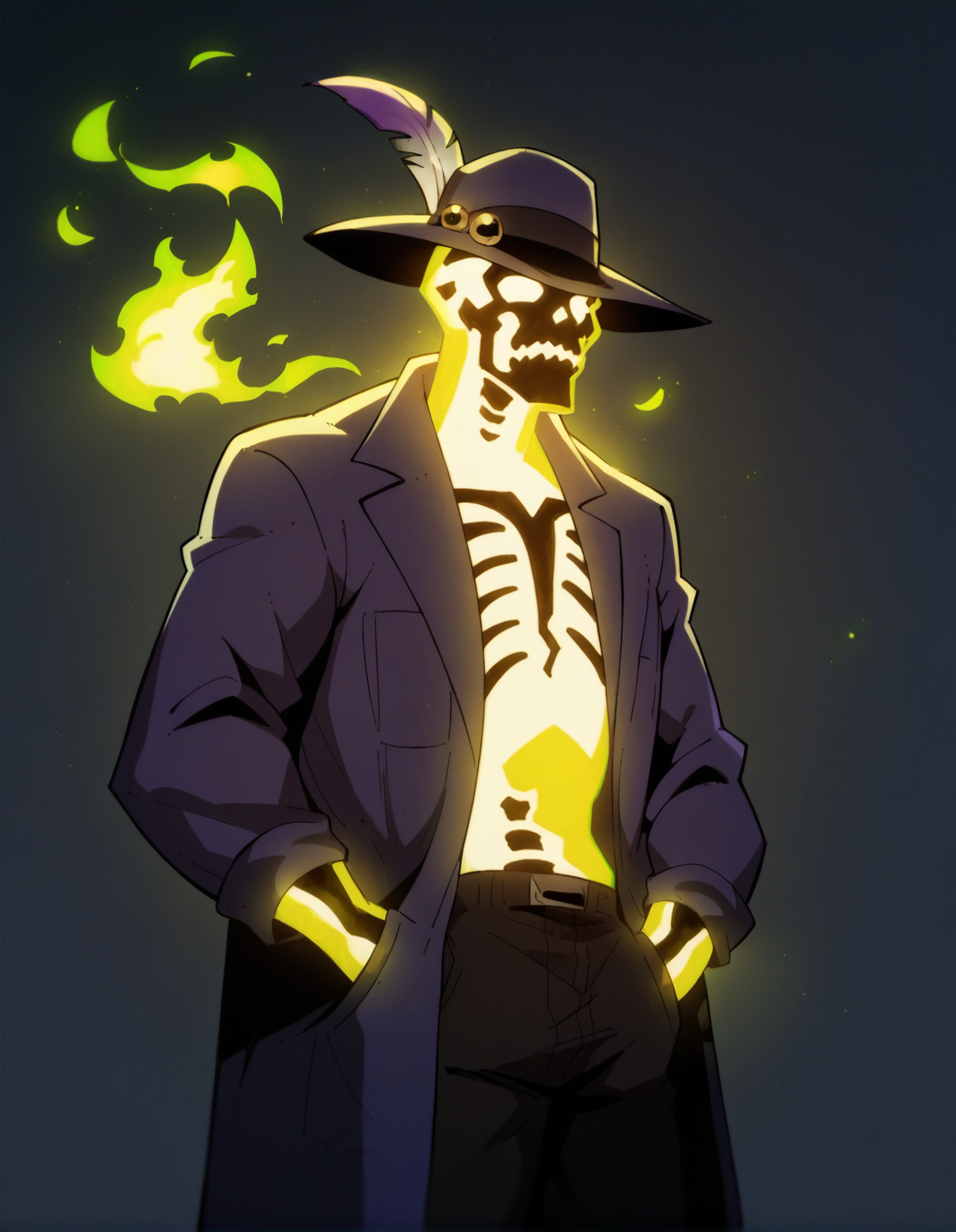 glowing, dark background, green fire, solo, hat with feather, purple coat, hands on pockets <lora:Dr._Phosporus:1> drphosporus, score_9, score_8_up, score_7_up, score_6_up, 2d, digital art, masterpiece <lora:Expressive_H:0.4> expressiveh <lora:princess_xl_v2:0.3> <lora:g0th1c2XLP:0.3> g0th1c
