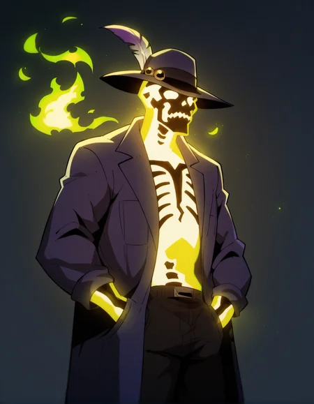 glowing, dark background, green fire, solo, hat with feather, purple coat, hands on pockets <lora:Dr._Phosporus:1> drphosporus, score_9, score_8_up, score_7_up, score_6_up, 2d, digital art, masterpiece <lora:Expressive_H:0.4> expressiveh <lora:princess_xl_v2:0.3> <lora:g0th1c2XLP:0.3> g0th1c