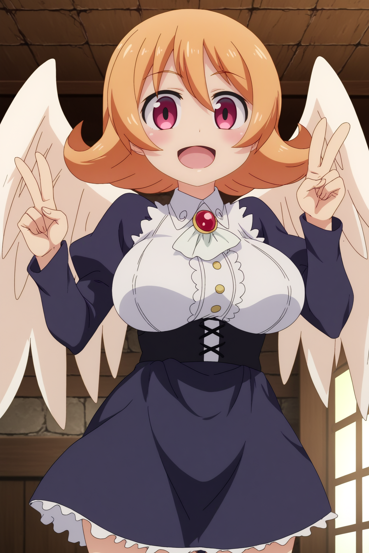 Meidri, wings, solo, anime coloring,  rating_all, indoors, double_V <lora:Ishuzoku_Reviewers-Meidri-PDXL:0.8>