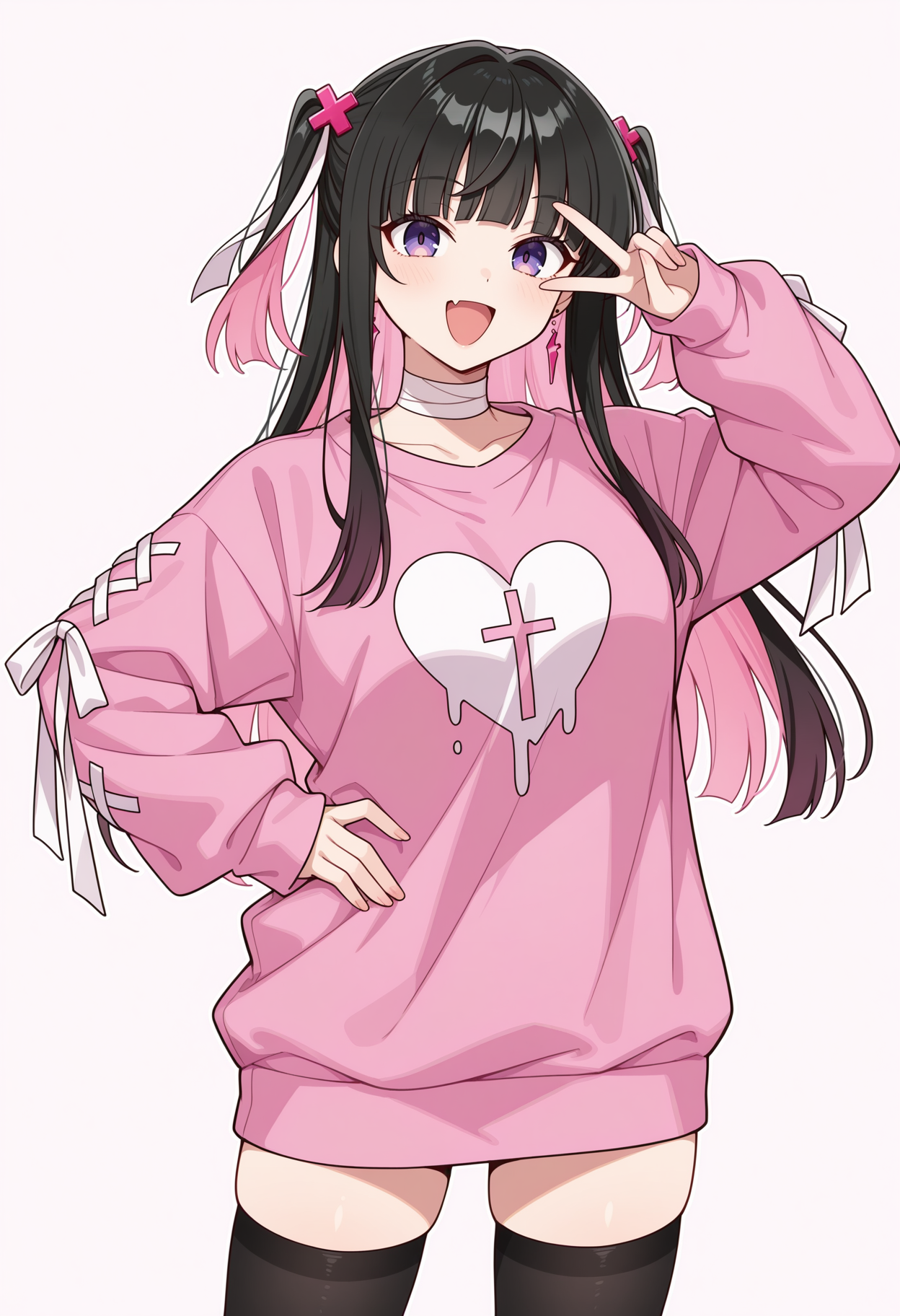1girl,solo, purple eyes, two side up, long hair, black hair, pink hair, colored inner hair, x hair ornament, hair ribbon, white ribbon, heart earrings, broken heart, bandaged neck, pink sweater,long sleeves, cross print, cross-laced sleeves, black thighhighs, 
simple background, standing, looking at viewer, :d, v over eye, hand on hip, 
,masterpiece, best quality, amazing quality,
<lora:NoobV065sHyperDmd:.5> <lora:poison_yami:1>