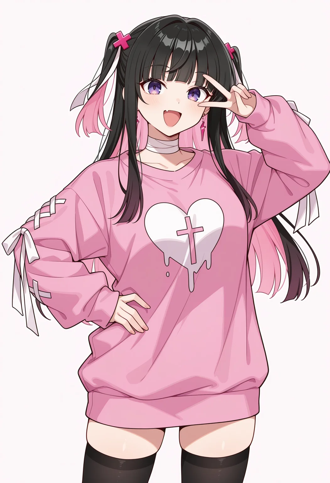 1girl,solo, purple eyes, two side up, long hair, black hair, pink hair, colored inner hair, x hair ornament, hair ribbon, white ribbon, heart earrings, broken heart, bandaged neck, pink sweater,long sleeves, cross print, cross-laced sleeves, black thighhighs,
simple background, standing, looking at viewer, :d, v over eye, hand on hip,
,masterpiece, best quality, amazing quality,
<lora:NoobV065sHyperDmd:.5> <lora:poison_yami:1>