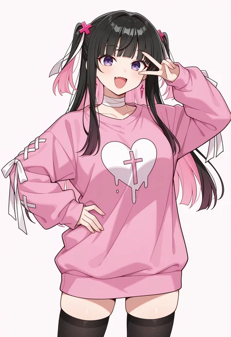 1girl,solo, purple eyes, two side up, long hair, black hair, pink hair, colored inner hair, x hair ornament, hair ribbon, white ribbon, heart earrings, broken heart, bandaged neck, pink sweater,long sleeves, cross print, cross-laced sleeves, black thighhighs,
simple background, standing, looking at viewer, :d, v over eye, hand on hip,
,masterpiece, best quality, amazing quality,
<lora:NoobV065sHyperDmd:.5> <lora:poison_yami:1>