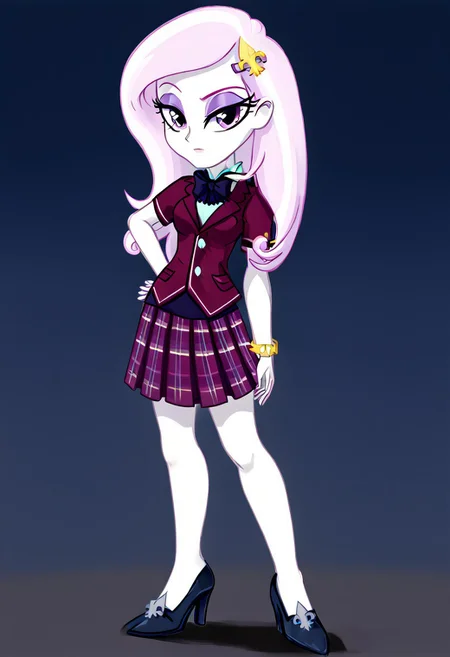(High Resolution), (More Details), (8K), (High Resolution), NEGATIVE_HANDS, Fleur-de-lis, Equestria girls, 1 girl, alone, bare breasts, blouse, bow tie, bracelet, clothing, Crystal Prep Academy, Crystal Prep Shadowbolts, eyeshadow, female, fleur-de-lis outfits, short sleeves, makeup, plaid skirt, pleated skirt, skirt, high heels , Full body, Standing, Sexy and sensual, beautiful, beauty, attractive, toned all over the body, Posing sexy and sensual,  Seductive and sensual look, Posing