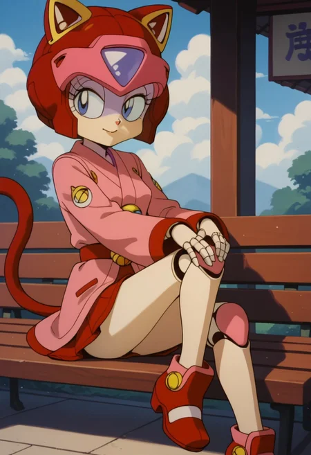 1girl, solo, (Pururun, cat girl, two-tone fur, ((android)), red hair, doll joints, petite), score_9, score_8_up, score_7_up, score_6_up, score_5_up, score_4_up, (beautiful summer Park background:1,5), sitting on bench, chibi, short legs, red cat tall, looking at viewer, 3/4 side view, slightly smile, hands on knees, short pink kimono, pink mini skirt, medium breasts,