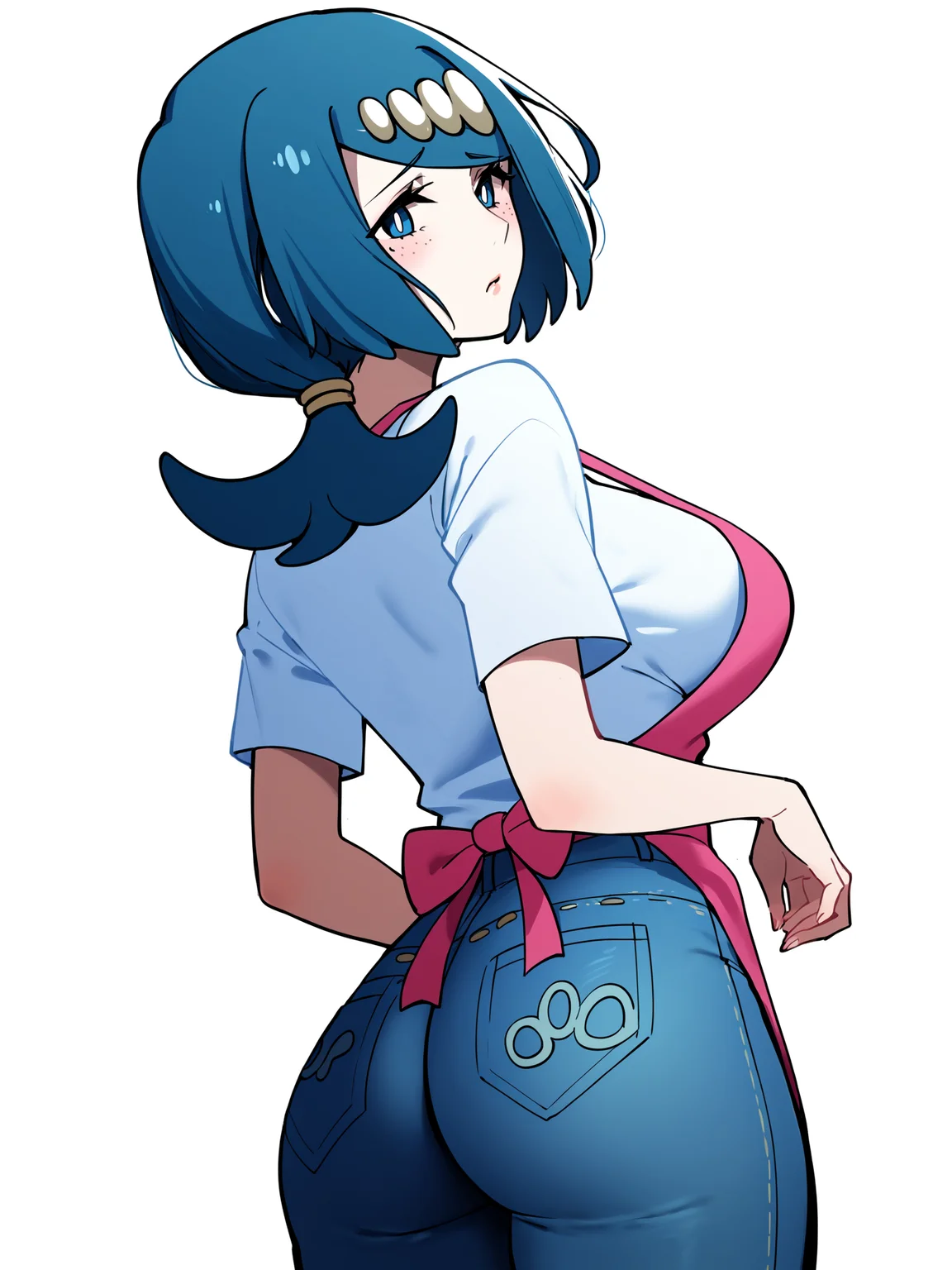 score_9, score_8_up, score_7_up, score_6_up, score_5_up, score_4_up,
BREAK
1girl, lana's mother \(pokemon\), blue hair, bob cut, ponytail, hair ornament, blue eyes, blush, pout,
BREAK
solo, standing, white shirt, jeans, large breasts, pink apron, looking back, flat ass,
BREAK
white background, simple background, angled shot, dynamic pose, dynamic angle, <lora:Lunas-Tofuubear-SDXL-A1:1>