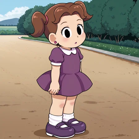 outdoors, <lora:DeniseV2:1> denisetdm, 1girl, solo, black eyes, reddish-brown hair, twintails, short twintails, jewelry, earrings, dress, purple dress, short sleeves, whit socks, shoes, purple footwear
