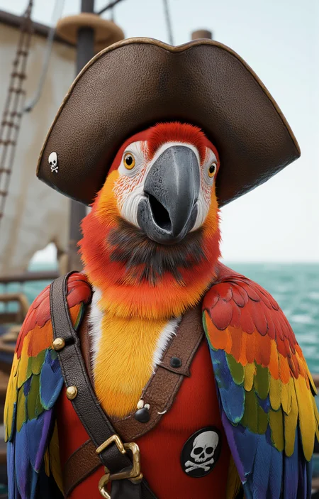 photorealistic CGI rendering of a parrot dressed as a pirate. The parrot, with vividly colored feathers in shades of orange, red, and yellow, is the central focus of the image. It wears a large, dark brown tricorn hat with white patches and a black band, adorned with a skull and crossbones emblem. The parrotâs beak is large and curved, with a dark gray hue. Its expressive, wide-open eye is a bright yellow, giving it a lively and alert appearance. The parrotâs feathers are meticulously detailed, showing individual textures and layers, adding depth and realism.The parrot is dressed in a pirate costume, featuring a brown leather vest with a gold buckle, a black sash tied around its chest, and a small, white skull and crossbones patch on its left shoulder. The background suggests a pirate ship setting, with blurred elements of rigging, sails, and the ocean in the background, painted in soft, muted tones of blue and green. The light source is natural, casting soft shadows that enhance the texture and depth of the scene. The overall style is realistic, with a focus on fine details and lifelike textures, making the parrot appear almost anthropomorphic., <lora:aidmaImageUpraderv0.3:0.4>, aidmaimageupgrader, <lora:diffusion_pytorch_model:1>, <lora:aidmaMJ6.1_v0.5_3:0.7>, aidmaMJ6.1, ultra quality, ultra detailed, intricate details