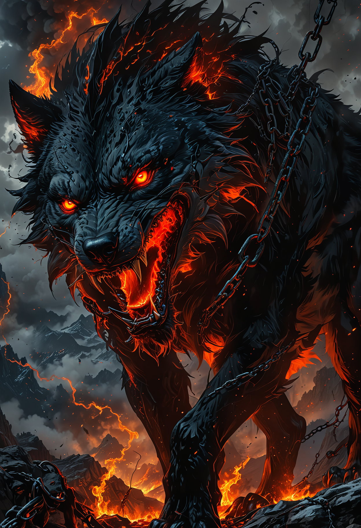 Giant wolf Fenrir, protruding from the mountains, fire emanates from its mouth, on its legs it has broken shackles with chains hanging, red eyes, angry, anger, realistic illustration, 4K, detail, apocalyptic, lightning, darkened sky  <lora:SDXLFaeTastic2400:0.4>
<lora:detailed_notrigger:0.6> <lora:zavy-cntrst-sdxl:0.7> <lora:MJ52:0.4> <lora:MJ52_v2.0:1>