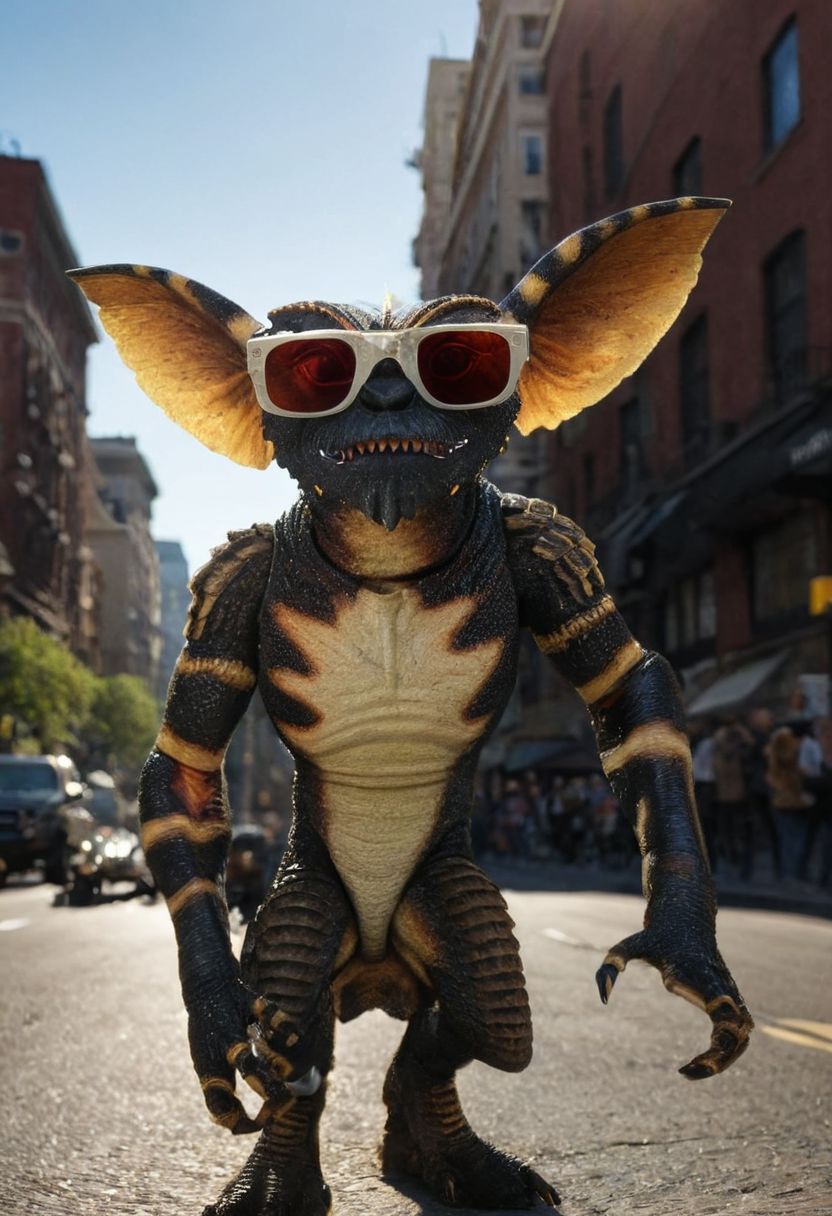 amazing quality, masterpiece, best quality, hyper detailed, ultra detailed, UHD, perfect anatomy, portrait, dof,in a street of big city,  hyper-realism, majestic, awesome, inspiring, - (ogremlino,gavardine, sun glases , :1.0),  cinematic composition, soft shadows, national geographic style,biped
