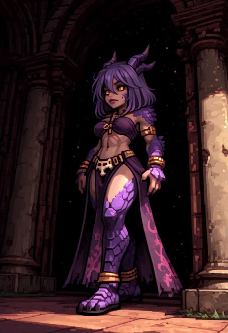 IllusP0s, detailed beautiful eyes, finely detailed face, detailed hand,  detailed hair, detailed clothing, scenery, realistic, Smo0thL1nes, detailed shading, detailed lighting, dynamic angle,
1girl, solo, pale skin, medium hair, unkempt hair, hair between eyes, purple hair, dragon horns, dragon scales, scales on face, purple scales, yellow eyes, slit pupils, full lips, fangs, medium breasts, scales on hips, scales on sides, scales on forearms, (toned physique:0.9), sharp fingernails, tribal animal skin breastband, tribal animal skin skirt, semi-profile, dramatic lighting, chiaroscuro, Intricately designed, Mysterious Shadows, volumetric lighting, dappled light, dramatic shadows, cinematic lighting, depth of field, bokeh ,best quality,amazing quality,very aesthetic,high resolution,ultra-detailed,absurdres,newest, masterpiece, best quality, amazing quality, very aesthetic, 
provocative, Black filled oval eyes, full body, Ragnarok online character, ROSPRITE, Smooth_Quality,e7sprites,Smo0thL1nes