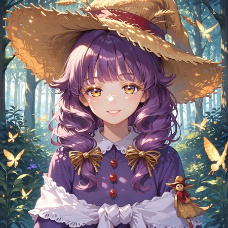 score_9, score_8_up, score_7_up, source_anime, 1girl, Rozenmarine, purple dress, shawl, witch hat, hair bow, white pantyhose, yellow shoes, glossy hair, full body shot
BREAK
masterpiece, best quality, character portrait, intricate detail, highly detailed, fine details, ambient light, soft lighting, 1girl, solo, very detailed hands, beautiful face, beautiful eyes, detailed face and eyes, half closed eyes, happy smile, glamorous, close up, view from above, forest background