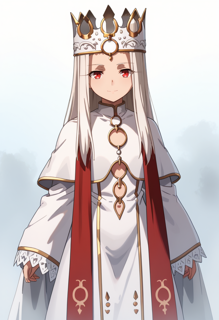 score_9,
<lora:FateStayNightUBW_IllyasvielXL:0.9>, IlliyasvielFS,
1girl, solo, closed mouth, light smile,
white hair, long hair, red eyes, 
IlliyasvielPrincess, crown, white robe, white capelet, red stole, clothing cutout, sleeves past wrists, wide sleeves,
standing, looking at viewer,
simple background, white background, fog