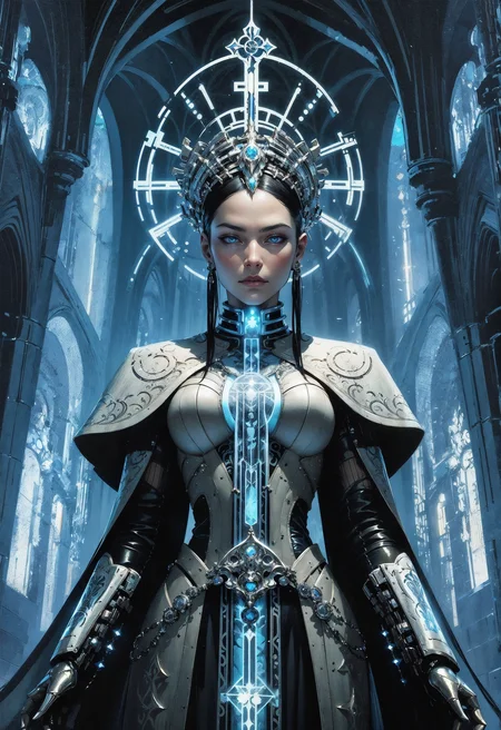 (in Gerald Brom style:1.4), high quality, masterpiece, A cybernetic female priest in a high-tech cathedral, surrounded by glowing holograms of ancient religious symbols, depicted in a style with sharp precise lines, cool tones and high contrast, illuminated by the cold bluish light of the holograms, Futuristic Minimalism, emphasizing clean lines, sleek forms, cool and almost clinical color palette, (elaborately detailed attire with extraordinary elements and headdress:1.1), (hyperdetailed:1.1), (intricate details:1.0), (Refined details:1.1), (best quality:1.1), (high resolution:1.2)