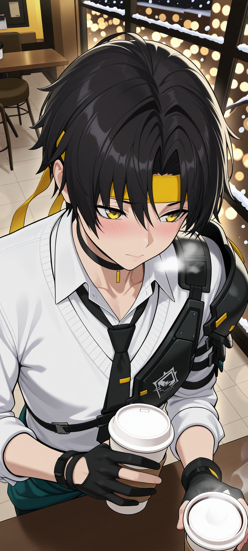 qyyz,solo, asaba harumasa, 1boy, black hair, short hair, hair between eyes, parted bangs, yellow eyes, collared shirt, white shirt, black choker, black necktie, black gloves, yellow headband, partially fingerless gloves, sparkle, shoulder pads, 
dynamic angle,depth of field,close-up,white sweater, winter,snowing, steam, blush, disposable coffee cup, bokeh, cafe, from above, 
very aesthetic,highres,high definition,sensitive,masterpiece,best quality,amazing quality,absurdres,
   <lora:qyyz ill:1>,<lora:add-detail-xl:1>,<lora:better hand:1>,<lora:DetailedEyes_V3:1>