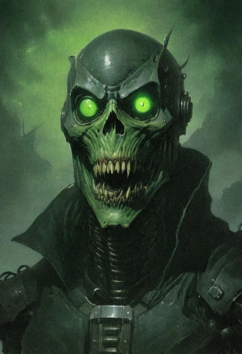 DnD_Grainyboyz, grainy, noise, Dark artwork of a human like robot, giant jaw, cold silver metal, big round glowing green eyes, wearing black and detective coat