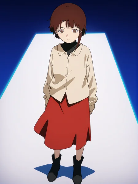 masterpiece, best quality, amazing quality, absurdres, newest, dynamic_angle, defined facial features, anime coloring, anime screencap, white background,
<lora:Lain_IL1.1v0:1> iwakura lain \(sel\), beige shirt:1.2, black turtleneck undershirt, red skirt, long sleeves, black footwear, full body, v:1.2, untucked shirt,