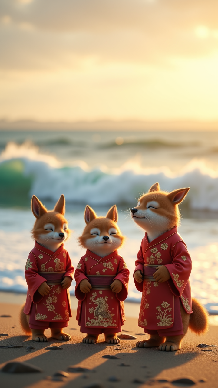 A group of anthropomorphic animals dressed in traditional Chinese clothing stand on the edge of a beach, their eyes closed as they watch the waves crash against the shore. In the distance, Warm lighting, aidmaimageupgrader