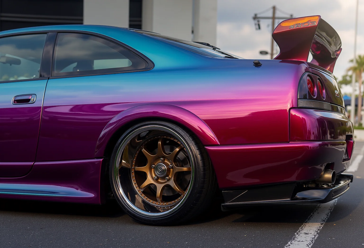 <lora:Nissan_Skyline_GT-R_R33:0.8>  A slightly from a side of a _color modified Nissan Skyline GT-R R33 in all its shining glory. Mirror-like, glossy finish, bright highlights, vibrant colors.