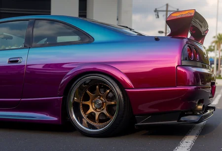 <lora:Nissan_Skyline_GT-R_R33:0.8> A slightly from a side of a _color modified Nissan Skyline GT-R R33 in all its shining glory. Mirror-like, glossy finish, bright highlights, vibrant colors.