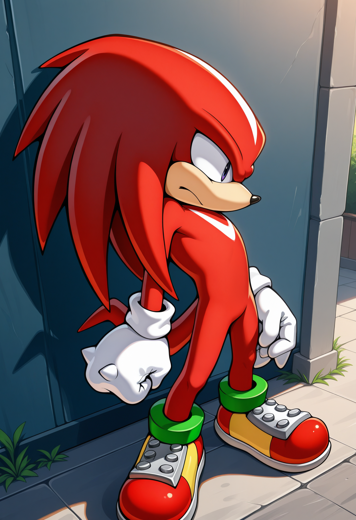 masterpiece,best quality,amazing quality, 1boy, solo, knuckl3s, furry, red fur, purple eyes, gloves-spike, green ankle bracelets, sneakers, tail,