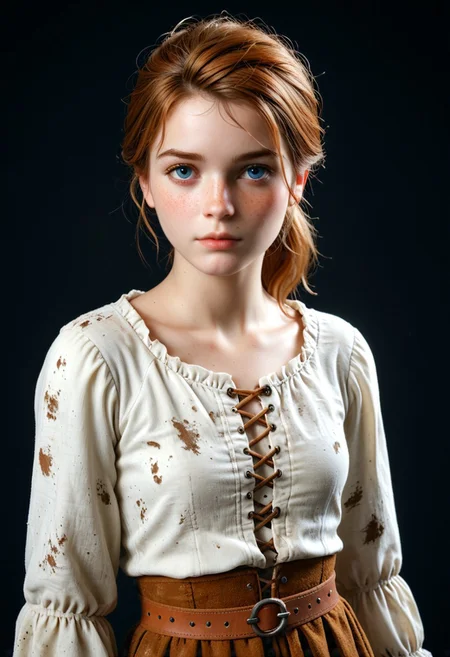 1woman, Masterpiece, 8k, ultra high detail, score_9, score_8_up, score_8, 21yo, small breast size, sporty short blonde ponytail hair, fcNeg, stunning blue eyes, intense freckles, white skin, small nose, innocent beauty, slim face, skinny athletic body, perfect body, supermodel, extreme detail, exhausted, never give up, leading wastelander to victory,
Dark night, dark background, through dark alleys, Medieval fantasy, rogue,
Dirty skin, dirty clothes, Medieval fantasy clothes,
Medieval fantasy cityruins,