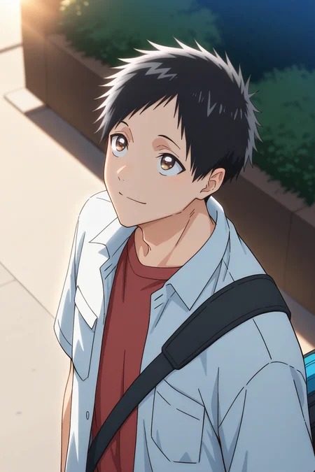 masterpiece,best quality,amazing quality,very aesthetic,high resolution,ultra-detailed,absurdres,newest,scenery,volumetric lighting,depth of field , , , 1boy,solo,male focus, <lora:taiki:0.88>,taiki inomata, black hair, brown eyes,short hair,smile, shirt, closed mouth, upper body, open clothes,open mouth,sport bag,shoulder bags, looking up, light smile, red shirt, pocket, breast pocket,from above,outdoors,