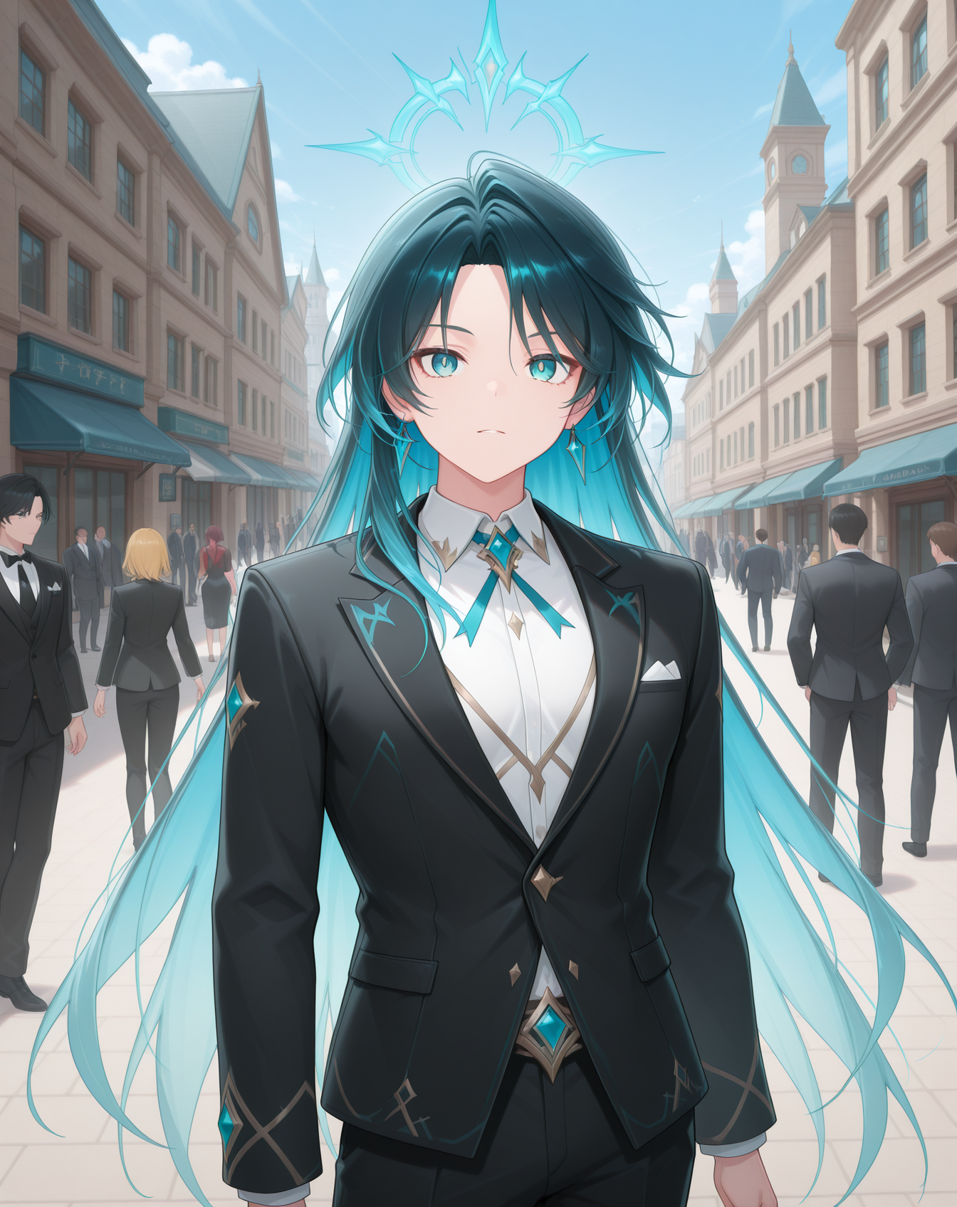masterpiece,best quality,amazing quality, newest, very aesthetic, absurdres,
1boy, solo, yaoi, male focus, looking at viewer, cowboy shot, standing,
 <lora:Nepteon_FSI_ilxl:1> nepteonfsi, colored inner hair, aqua eyes, dark blue hair, parted bangs, sidelocks, 
formal, tuxedo, neck ribbon, white shirt, collared shirt, black pants, shoes, black footwear, suit jacket, black jacket,
outdoors, day, blue sky, building, people,