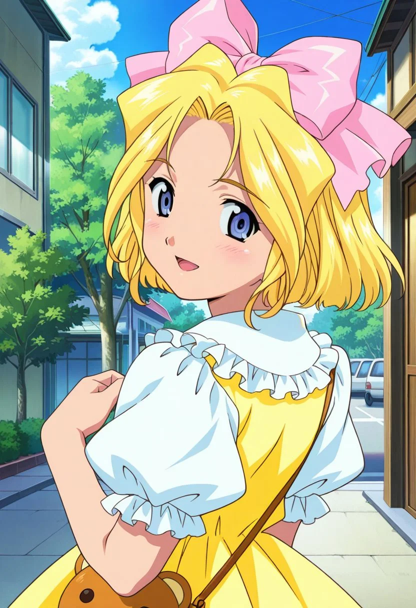 detailed eyes, beautiful, detailed background, perfect eyes,
source_anime, very aesthetic, anime coloring, masterpiece, official art,
<lora:HandFineTuning_XL:1>
BREAK,
japanese street, trees,
cowboy shot, from behind, upper body, looking back, smile, open mouth,
flat chest, blush, stuffed toy handbag, dynamic angle,
BREAK,
<lora:iris_illustrious_v01:0.9>
irisBase, blonde hair, blue eyes, hair bow, pink bow, short hair, parted bangs, yellow dress, frills, white puffy sleeves, short sleeves, layered dress, white socks, orange footwear,