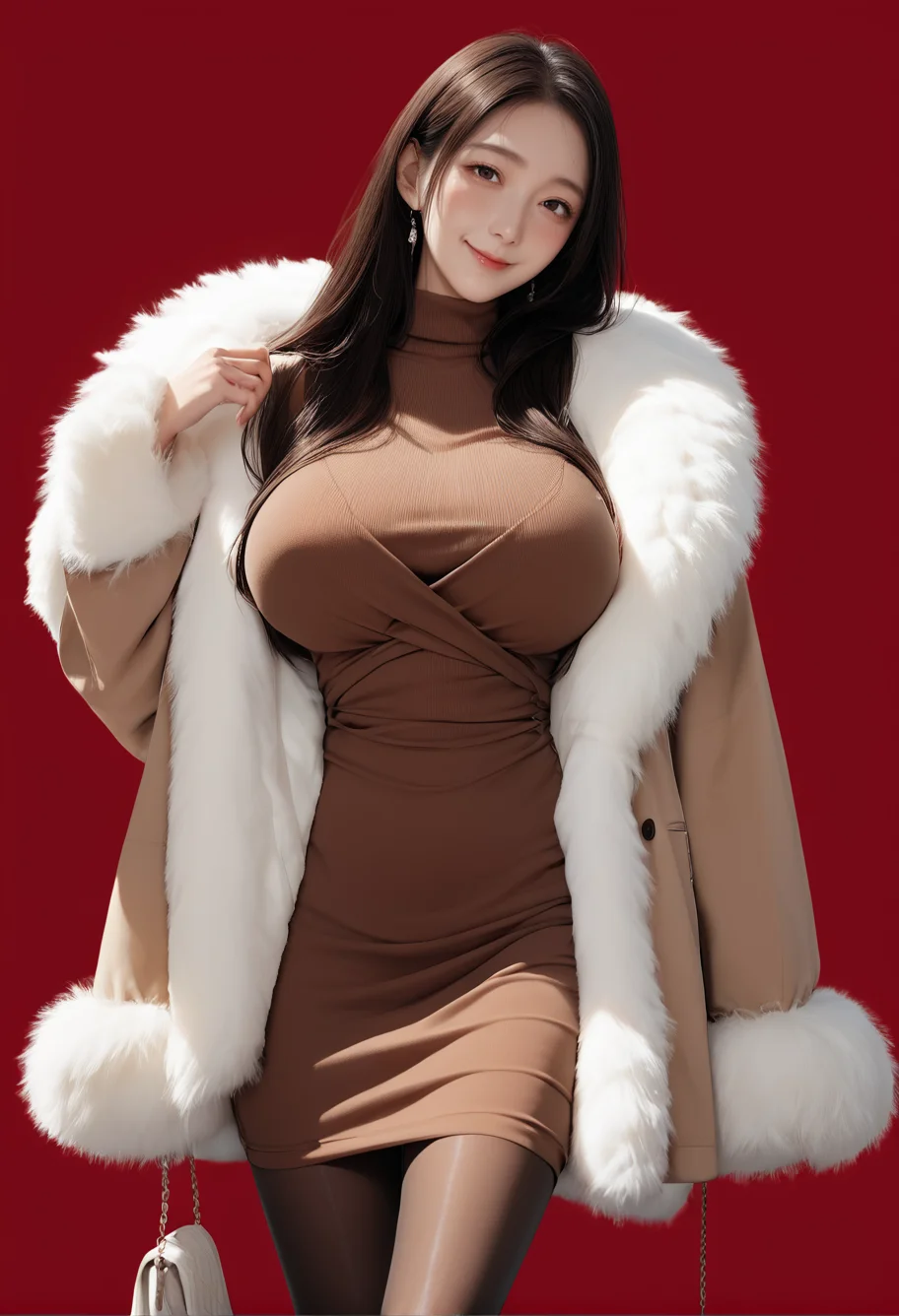 1girl,red background,,ruanyi0969,brown dress,feather boa,long sleeves,pantyhose,sweater dress,<lora:0969 Home wear 16_v1_pony:1>, score_9, score_8_up, score_7_up, score_6_up, score_9, score_8_up, score_7_up, score_6_up source_anime, blush, 1girl, seduce smile, perfect body , natural huge breasts