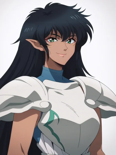 score_9, score_8_up, score_7_up, score_6_up, score_5_up, score_4_up, BREAK, anime coloring, retro artstyle,
1girl, arshesnei, black hair, long hair, green eyes,  pointy ears, dark skin, breastplate, shoulder armor, armor,
upper body, smile, looking at viewer, solo, simple background, white background     <lora:ArshesNeiXL:1>