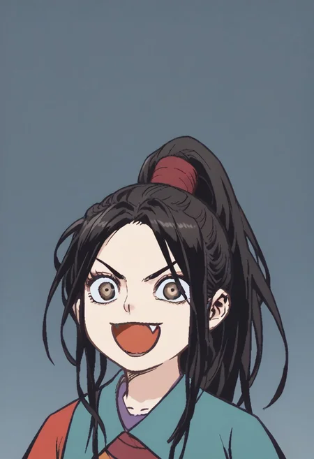 zPDXL2, score_9_up, score_8_up, score_7_up, (Anime_source), high detail face, best quality, absurd res, 1girl, JinGaryeong, brown eyes, black hair, long hair, Ponytail, looking at viewer, cowboy shot, smile, open mouth, fang