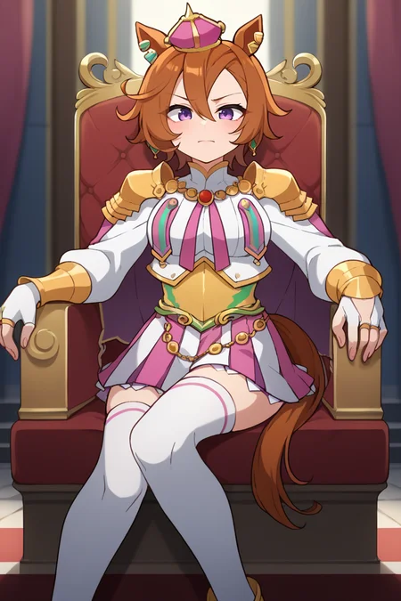 score_9, score_8_up, score_7_up, BREAK, <lora:manyakis-guy-PONYv1:1>, 1girl, solo, breasts,  <lora:umamusume_tmoperao_ponyXL:0.9> tmoperao, horse ears, horse tail, mini crown, white shirt, long sleeves, shoulder armor, pink cape, white gloves, single glove, fingerless gloves, two-tone skirt, pink skirt, white skirt, white thighhighs, ear piercing, multiple rings, throne, sitting, indoors,