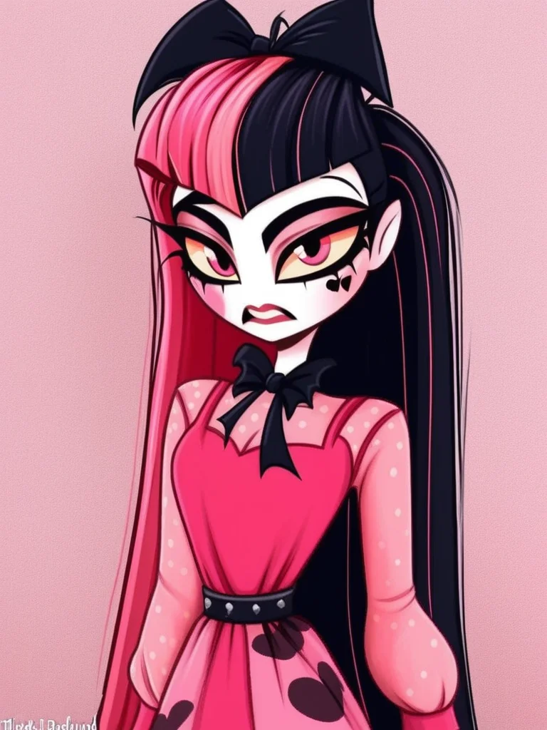 1 girl, 1 person, solo, <lora:HelHazbinV2:1> hellhazbin , <lora:Draculora:1> draculaura, streaked hair, pink hair, black hair, two-tone hair, pink eyes,
