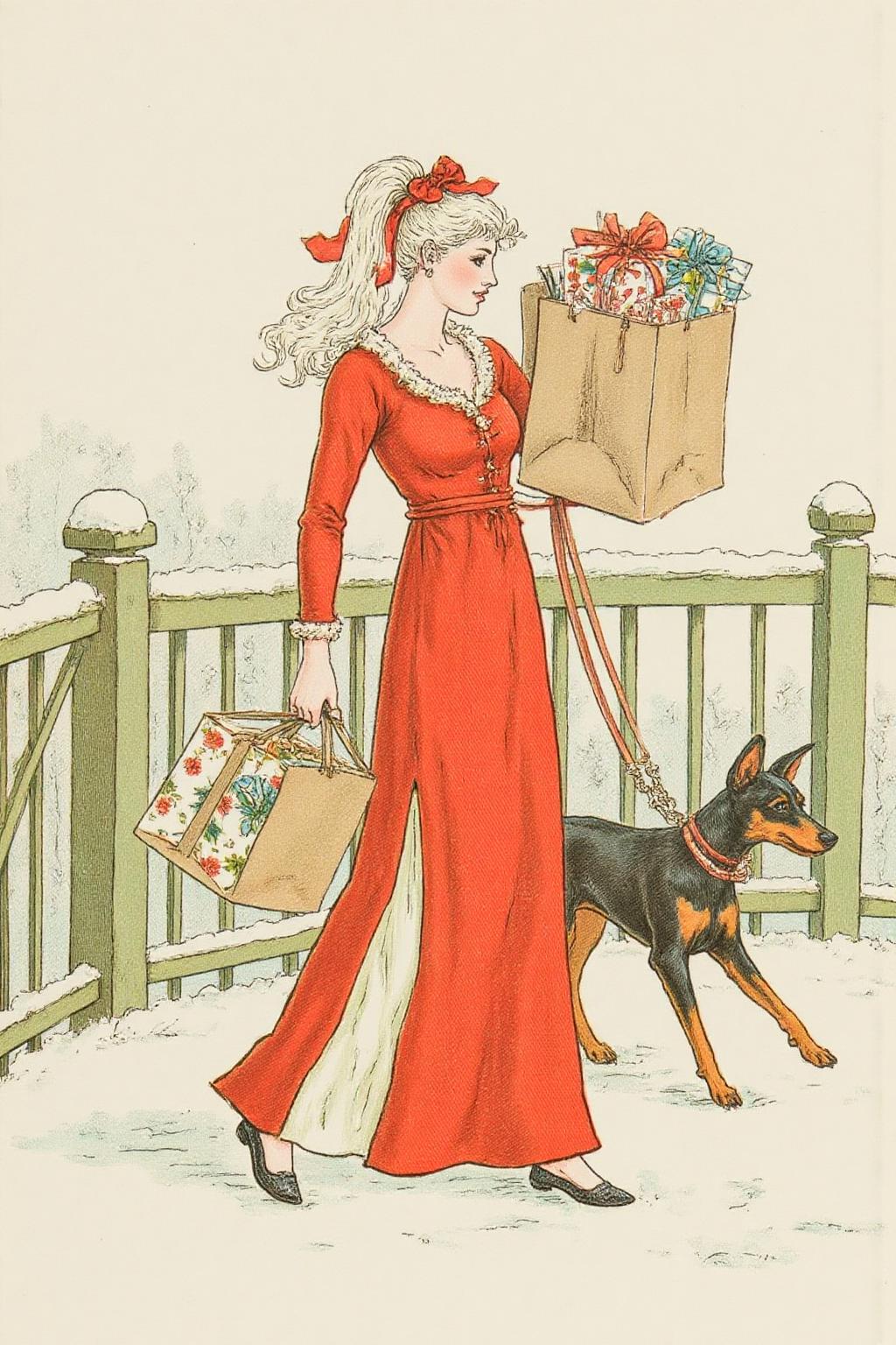 kategreenaway1 illustration. 
A woman with long, wavy white hair is wearing a red dress with a high slit and a red bow in her hair. She is walking in the snow on a bridge, holding a shopping bag filled with wrapped presents in one hand and a leash attached to a dobermann dog in the other.  <lora:kategreenaway1_f16e6:1.0><lora:870964225885903475:0>