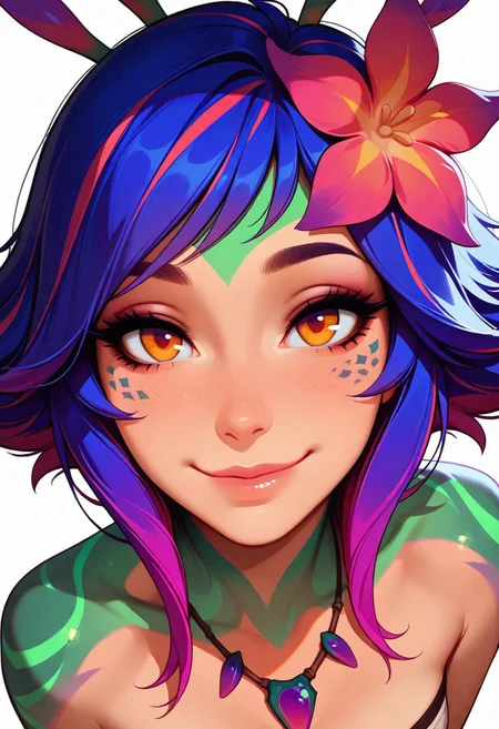 masterpiece, best quality, amazing quality, very aesthetic
Artist : Tsuaii, Artist : Incase, flat colors,
1girl, close up, portrait, face focus, looking at viewer,
playful smile, seductive look, from above,
neeko, multicolored hair, colored skin, facial mark, hair ornament, hair flower, necklace,
(neutral white background), dynamic lighting,
