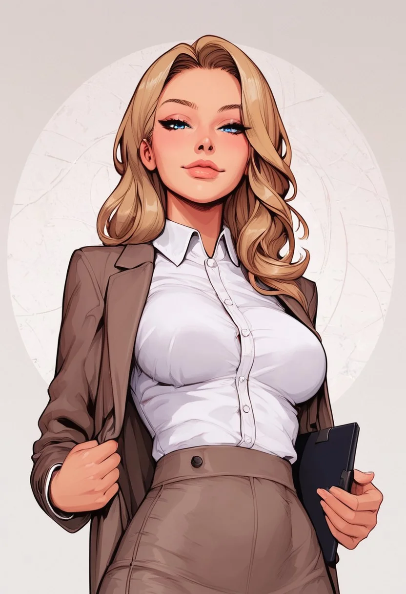 score_9, score_8_up, score_7_up, high detailed, high quality, masterpiece, no text, quality highlights, 8k detail, detailed background, dynamic view, ultra-detailed,
...
1girl, solo, female focus, expressiveh, mature, (warm skin),
(dark-blonde hair), (blue eyes), (long hair), (straight hair), (intricate hair),
medium breasts, teardrop breasts, (perfect slender body), thin lips, forehead, parted bangs,
(incredibly sexy), wide hips,
...
sexy pose, eyes wide, looking at viewer, closed mouth, ((white dress shirt)),
((brown formal tube skirt)), ((brown suit jacket)), light smile, ((holding clipboard)),
standing, posing, below view, selfie view,
...
(CEO office background),