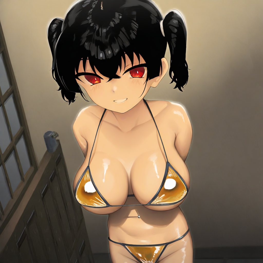 score_9, score_8_up, score_7_up, score_6_up, source_anime, BREAK, 1girl, solo, (( <lora:sasaki_kanna:1> , sasaki_kanna, piercing red eyes, clear eyes, bright pupils, beautiful eyes, beautiful black hair, short twintails, bangs, left side ponytail, thin waist, wide hips, beautiful skin, huge and shaggy breasts, short busty woman, natural beauty, extraordinary beautiful woman, attractive woman, super sexy woman, lustful body, sexy woman with seductive obscene body, sensual body, voluptuous body, sexy beauty, )) , ((sexy yellow bikini top with white edge, sexy yellow bikini bottom with white edge, red hair ties, )) , indoors, shiny clothes, shiny skin, night club, erotic bar, classy decorations, cowboy shot, from above, looking at viewer, hands behind back, (detailed face, detailed eyes), delicate features, soft lighting, seducative smile, cute and sexy, very detailed, high detailed texture, uncensored, rare view, light makeup,