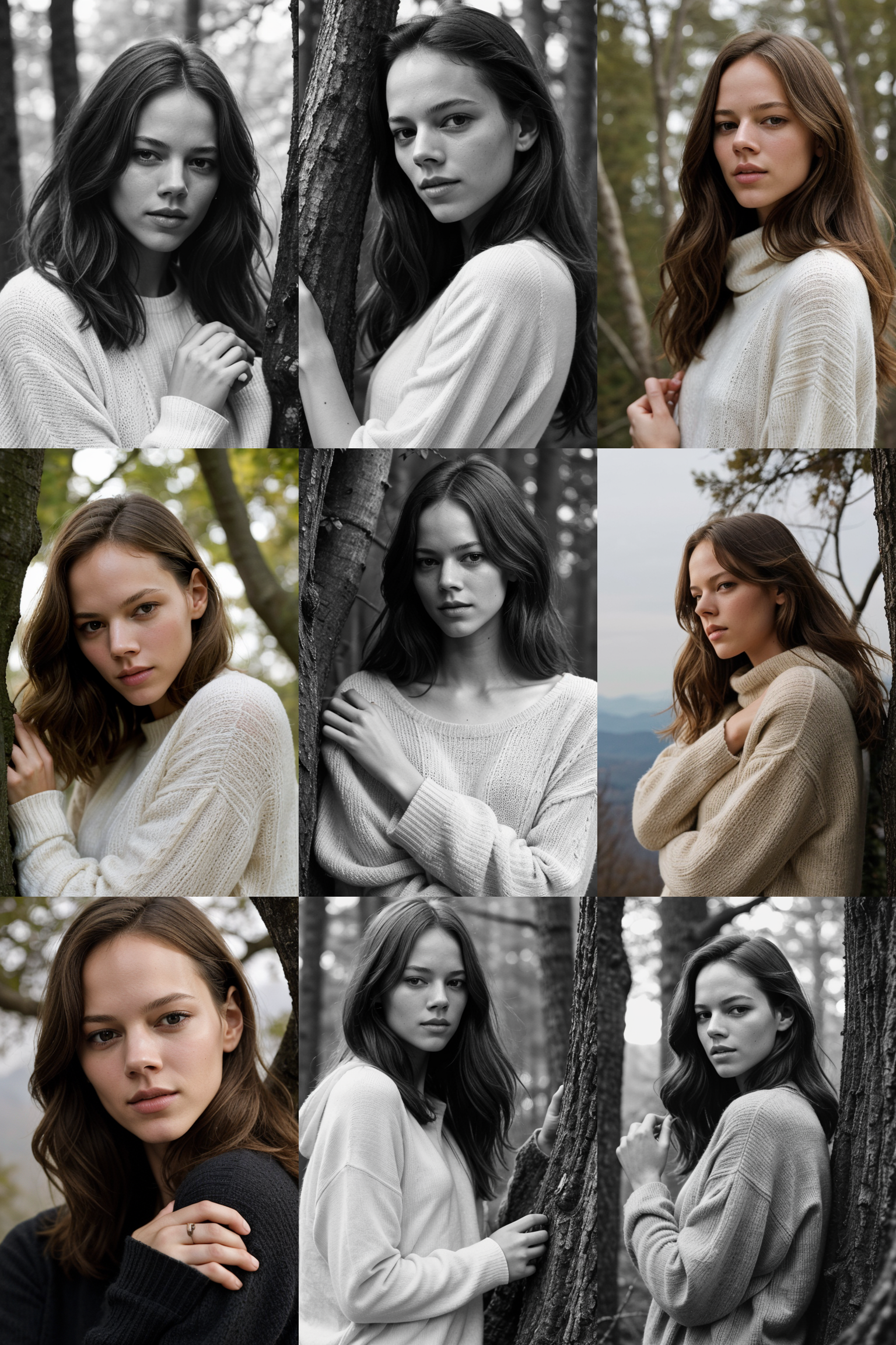 freja   a young beautiful woman  wearing a sweater hugging a tree, top of mountain, hi detail, sharp focus, perfect lighting, awesome, dslr, 4k high quality. extra detail, extra sharp, magical, perfect moment, natural skin, pores