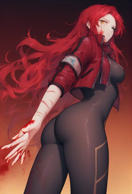 (score_9, score_8_up:1.1), score_7_up, masterpiece, perfect face, beautiful face, perfect hands, beautiful hands, <lora:Gebura_PM:1>, GeburaPM, GeburaLC, scars, eye scar, scar across eye, 1girl, solo, long hair, breasts, looking at viewer, closed mouth, jacket, yellow eyes, heterochromia, grey eyes, ass, red hair, open clothes, open jacket, gradient, gradient background, bodysuit, blood, red jacket, cropped jacket, blood on face, black bodysuit, blood on clothes, blood on hands