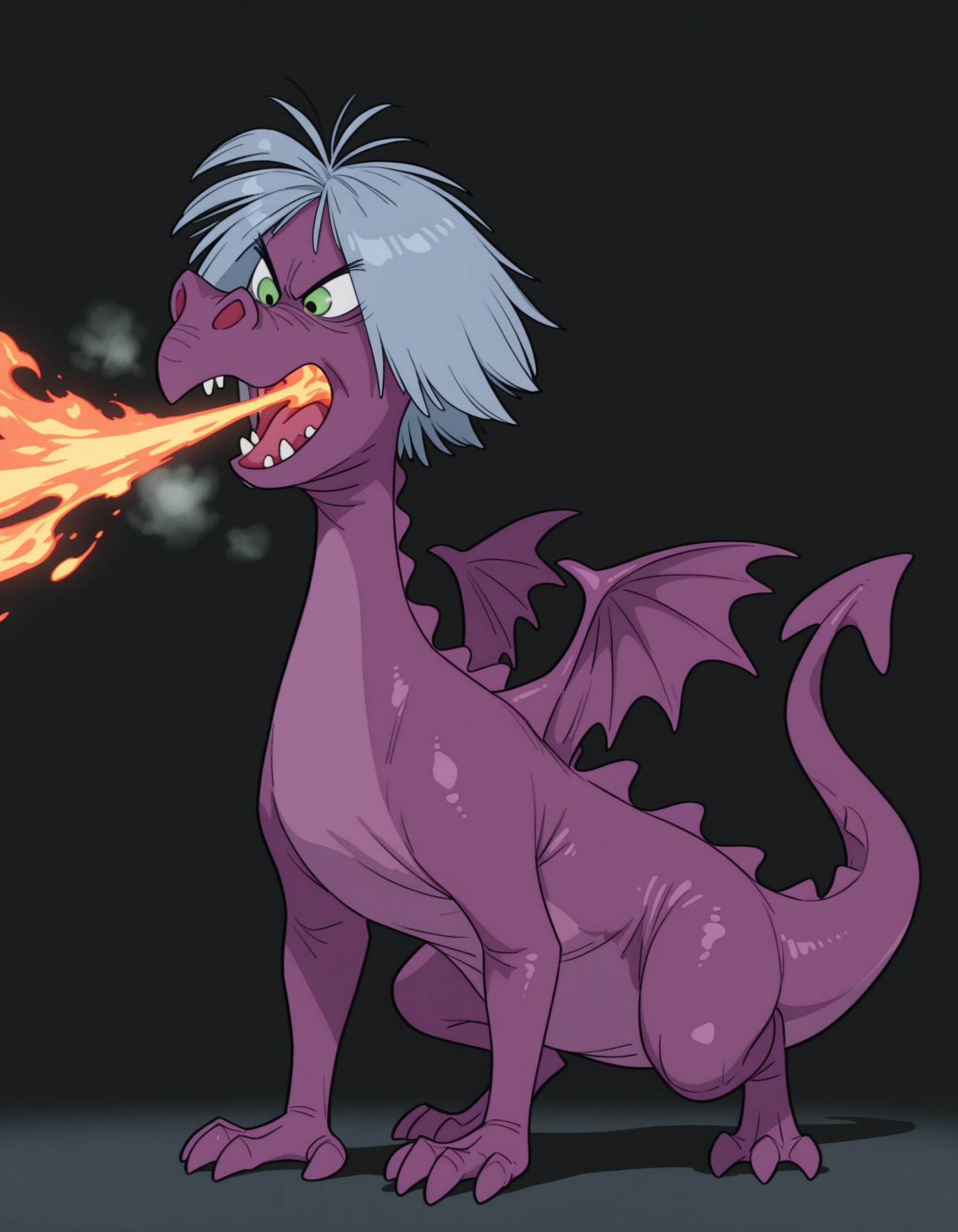 smooth quality, masterpiece, very intricate, high quality details, ultra realistic, high detailed skin, detailed environment, absurdres, solo, simple background, black background, color drain, erosdragonmadammim, purple dragon, green eyes, grey hair, wings, tail, animal, no humans, sharp teeth, open mouth, claws, fire, breathing fire, fullbody, all fours