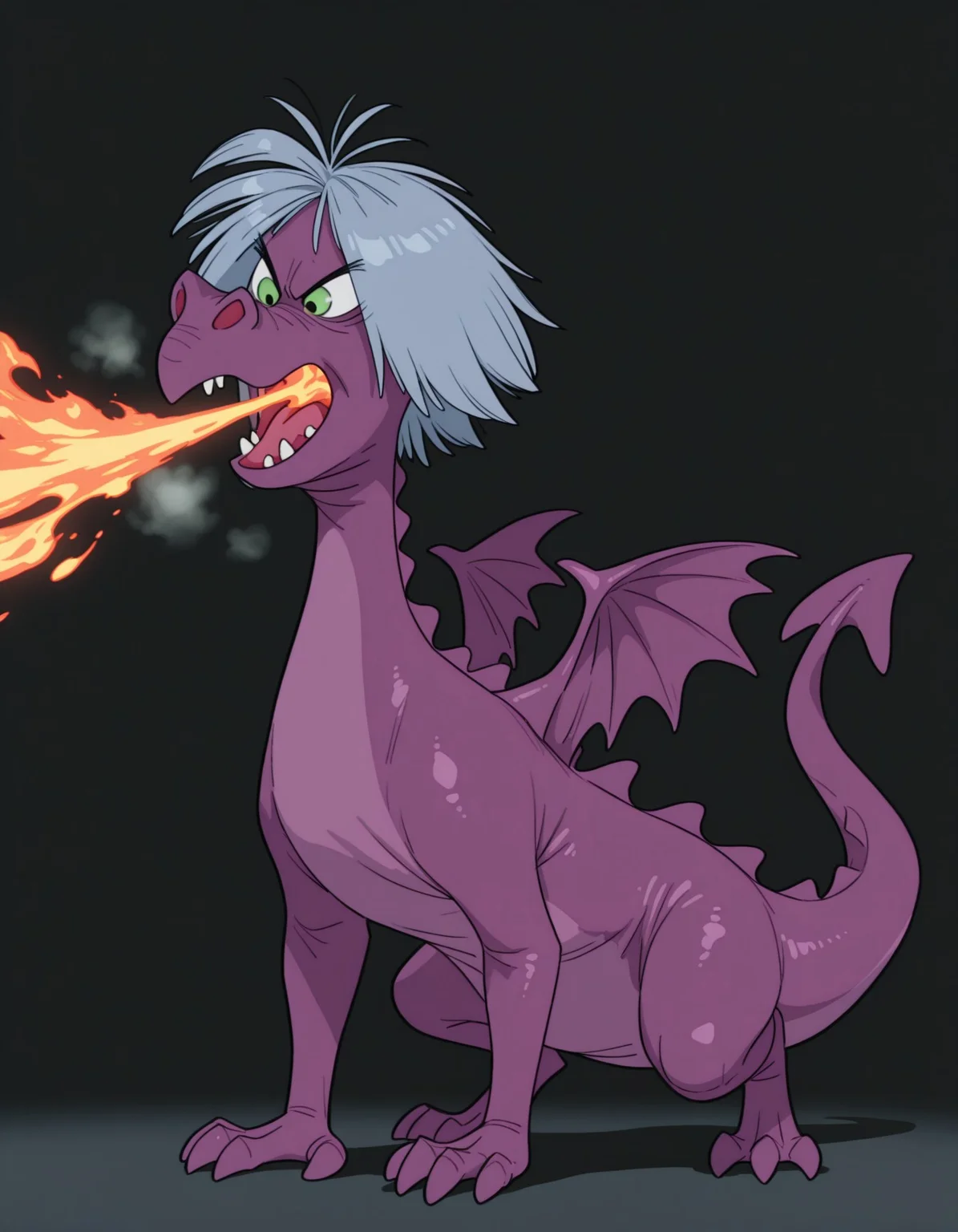 smooth quality, masterpiece, very intricate, high quality details, ultra realistic, high detailed skin, detailed environment, absurdres, solo, simple background, black background, color drain, erosdragonmadammim, purple dragon, green eyes, grey hair, wings, tail, animal, no humans, sharp teeth, open mouth, claws, fire, breathing fire, fullbody, all fours