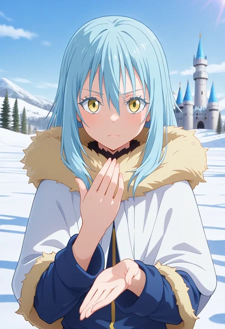 masterpiece, best quality, , (3d:0.4), looking at viewer, , 1other, androgynous, solo, <lora:rimuru_tempest_ilxl:0.94>, rimuru_tempest, blue hair, yellow eyes, long hair, bangs, hair between eyes, fur trim, winter castle, ice towers, snow courts, frost gardens, royal pose, majestic expression, morning,