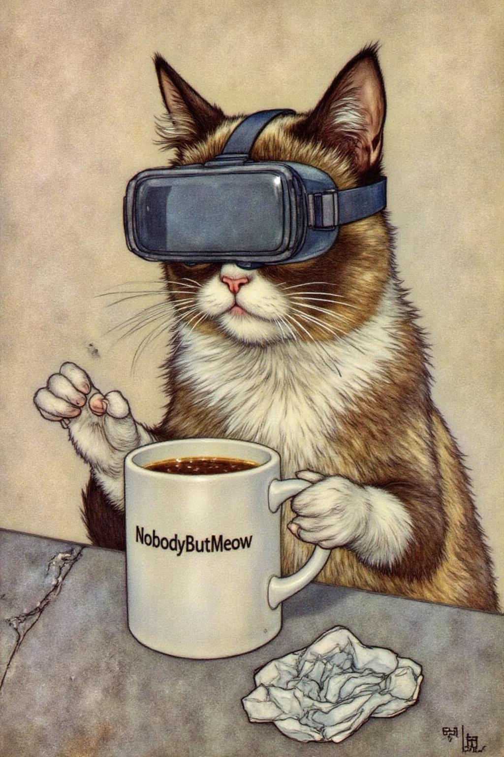 dulac1 illustration. 
Grumpy Cat holidng a coffee mug, wearing a VR Headset. The mug has the phrase "NobodyButMeow" printed,   <lora:dulac2_cap_d6a3e15:1.0><lora:816556691517694618:0>